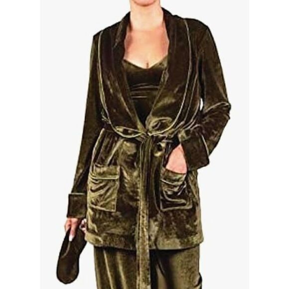 KING OF CHRISTMAS Women's 4 Piece Luxury Olive Green Velvet Robe Lounge Pajamas - Picture 4 of 8